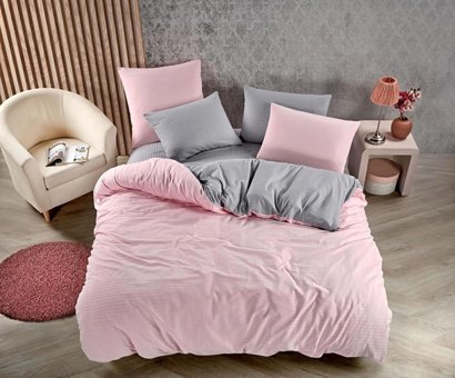 Semecca Pamuk Saten Kışlık 200 x 220 cm Çizgili Çift Kişilik Nevresim Takımı Pudra