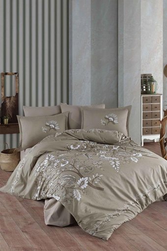 Clasy Pamuk Dört Mevsim 200 x 220 cm Çiçekli Çift Kişilik Nevresim Takımı Bej