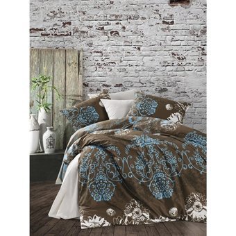 New Home Pamuk Kışlık 200 x 220 cm Çiçekli Çift Kişilik Nevresim Takımı Kahverengi Mavi