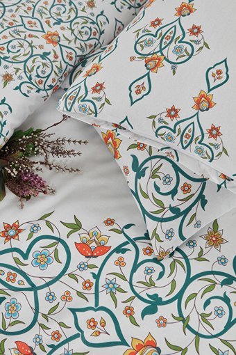 Mislina Home Pamuk Polyester Dört Mevsim 200 x 220 cm Çiçekli Çift Kişilik Nevresim Takımı Beyaz Yeşil