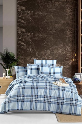 Depomaxx Ranforce Dört Mevsim 200 x 220 cm Lastikli Ekoseli Çift Kişilik Nevresim Takımı Mavi