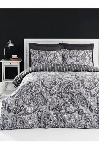 Luxart Pamuk Dört Mevsim 200 x 220 cm Lastikli Şal Desen Çift Kişilik Nevresim Takımı Gri