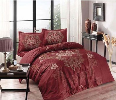 Taç Saten Dört Mevsim 200 x 220 cm Desenli Çift Kişilik Nevresim Takımı Bordo