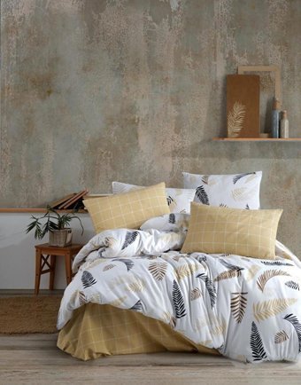 Nevresim Dünyası Ranforce Dört Mevsim 200 x 220 cm Yaprak Çift Kişilik Nevresim Takımı Sarı