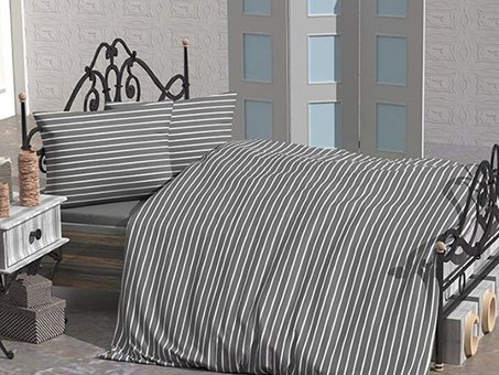 Çeyiz Diyarı Ranforce Dört Mevsim 200 x 220 cm Çizgili Çift Kişilik Nevresim Takımı Gri