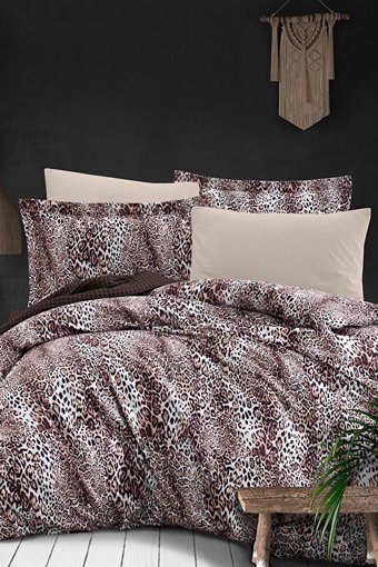 T.Concept Saten Dört Mevsim 200 x 220 cm Leoparlı Çift Kişilik Nevresim Takımı Kahverengi