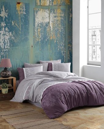 Nevresim Dünyası Ranforce Dört Mevsim 200 x 220 cm Şal Desen Çift Kişilik Nevresim Takımı Mor