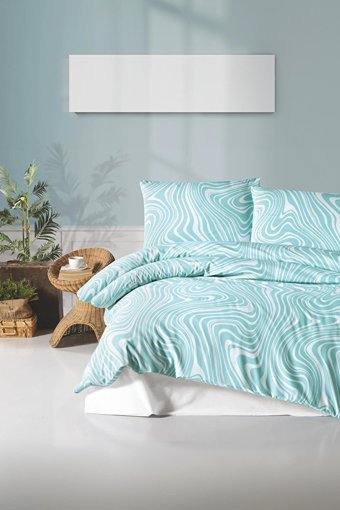Depomaxx Pamuk Polyester Dört Mevsim 200 x 220 cm Spiralli Çift Kişilik Nevresim Takımı Beyaz Turkuaz