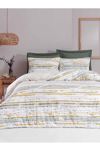 Luxart Pamuk Dört Mevsim 200 x 220 cm Lastikli Sulu Boya Çift Kişilik Nevresim Takımı Sarı