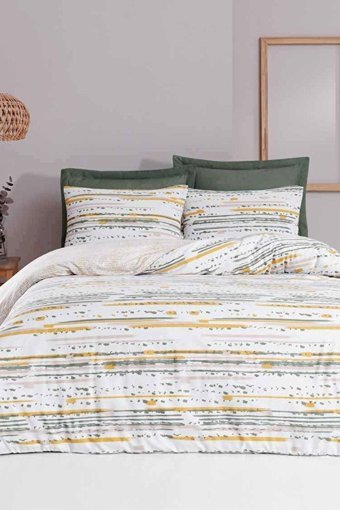 Luxart Pamuk Dört Mevsim 200 x 220 cm Lastikli Sulu Boya Çift Kişilik Nevresim Takımı Sarı