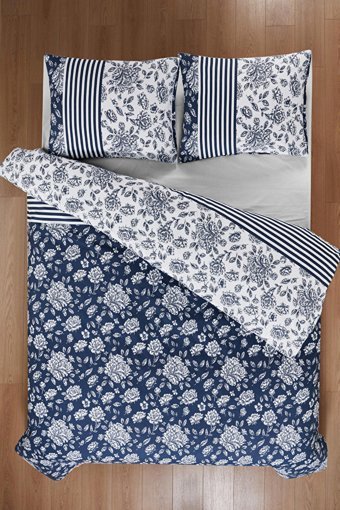 Mislina Home Pamuk Polyester Dört Mevsim 200 x 220 cm Çiçekli Çift Kişilik Nevresim Takımı Lacivert