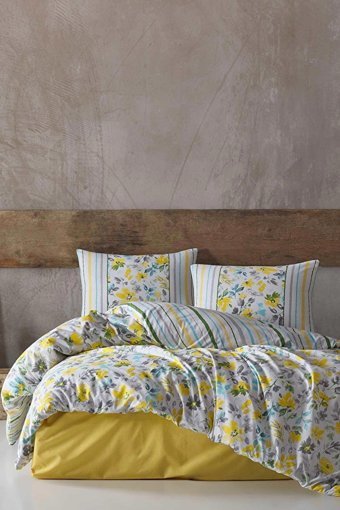 Elart Ranforce Dört Mevsim 200 x 220 cm Lastikli Çiçekli Çift Kişilik Nevresim Takımı Beyaz Sarı