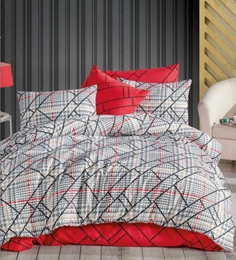 Nevresim Dünyası Pamuk Polyester Dört Mevsim 200 x 220 cm Ekoseli Çift Kişilik Nevresim Takımı Kırmızı