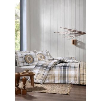 Nevresim Dünyası Ranforce Kışlık 200 x 220 cm Ekoseli Çift Kişilik Nevresim Takımı Bej