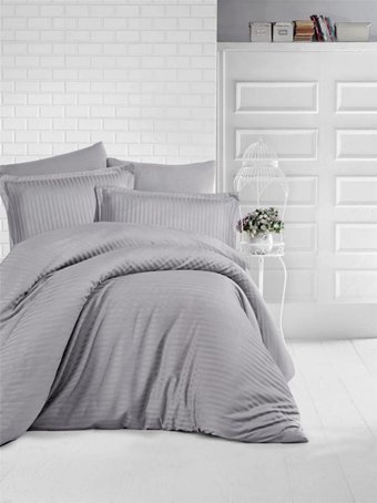 Clasy Saten Dört Mevsim 200 x 220 cm Çizgili Çift Kişilik Nevresim Takımı Gri