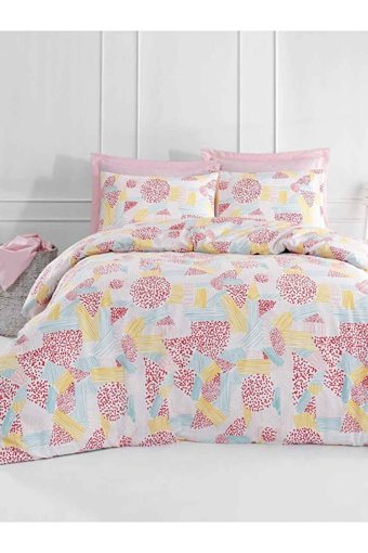 Luxart Pamuk Dört Mevsim 200 x 220 cm Lastikli Puan Çizgili Çift Kişilik Nevresim Takımı Pembe