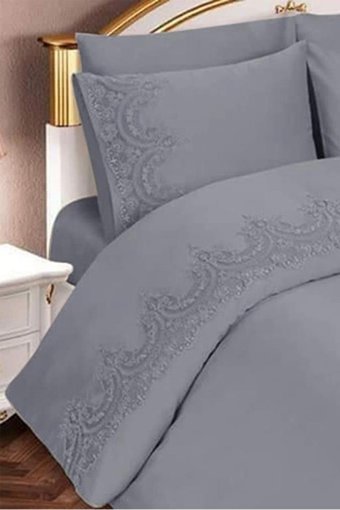 Çeyiz Diyarı Pamuk Dört Mevsim 200 x 225 cm Etnik Çift Kişilik Nevresim Takımı Gri
