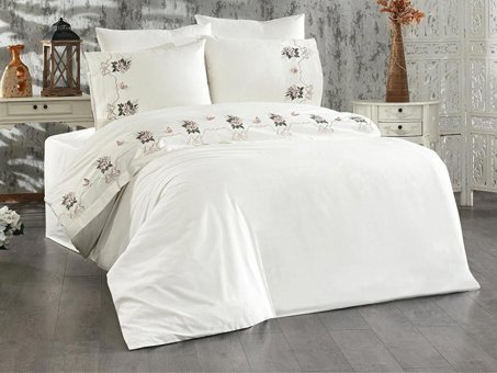 Çeyiz Diyarı Pamuk Polyester Kışlık 200 x 220 cm Çiçekli Çift Kişilik Nevresim Takımı Krem