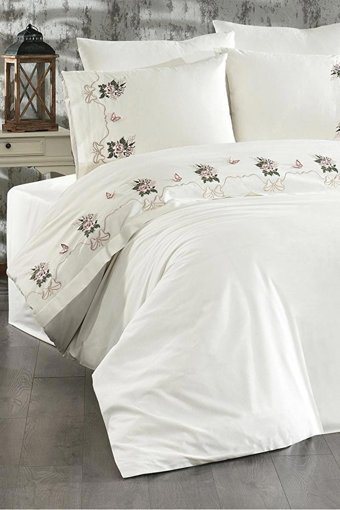 Çeyiz Diyarı Pamuk Polyester Kışlık 200 x 220 cm Çiçekli Çift Kişilik Nevresim Takımı Krem