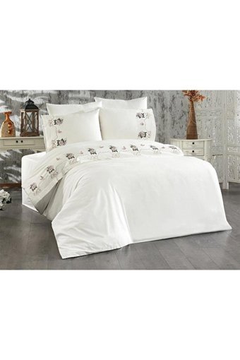 Çeyiz Diyarı Pamuk Polyester Kışlık 200 x 220 cm Çiçekli Çift Kişilik Nevresim Takımı Krem