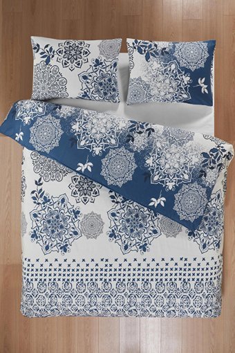 Mislina Home Pamuk Kışlık 200 x 220 cm Etnik Çift Kişilik Nevresim Takımı Beyaz Mavi