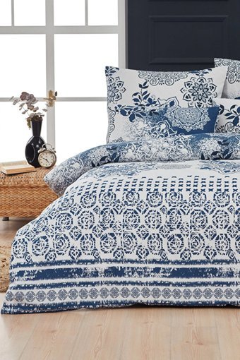 Mislina Home Pamuk Kışlık 200 x 220 cm Etnik Çift Kişilik Nevresim Takımı Beyaz Mavi