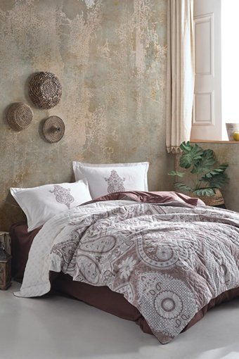 Clasy Pamuk Dört Mevsim 200 x 220 cm Şal Desen Çift Kişilik Nevresim Takımı Kahverengi