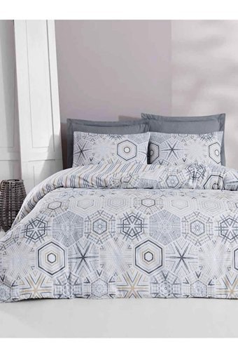 Luxart Pamuk Dört Mevsim 200 x 220 cm Lastikli Geometrik Çift Kişilik Nevresim Takımı Gri