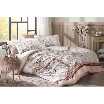 Özdilek Pamuk Kışlık 200 x 220 cm Lastikli Ağaç Çiçek Çift Kişilik Nevresim Takımı Pudra