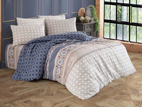 Çeyiz Diyarı Ranforce Dört Mevsim 195 x 220 cm Elips Çift Kişilik Nevresim Takımı Bej Lacivert