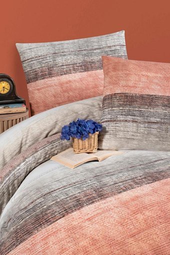 Mulberry Pamuk Ranforce Kışlık 200 x 220 cm Çizgili Çift Kişilik Nevresim Takımı Gri Kırmızı