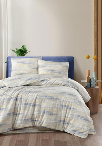Mulberry Pamuk Kışlık 200 x 220 cm Çizgili Çift Kişilik Nevresim Takımı Beyaz Mavi