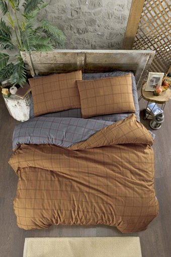 Mulberry Pamuk Polyester Dört Mevsim 200 x 220 cm Ekoseli Çift Kişilik Nevresim Takımı Gri Kahverengi