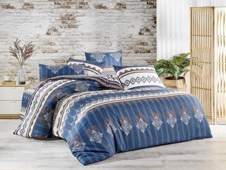 Nevresim Dünyası Ranforce Dört Mevsim 200 x 220 cm Etnik Çift Kişilik Nevresim Takımı Mavi