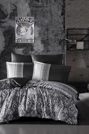 Clasy Pamuk Saten Dört Mevsim 200 x 220 cm Şal Desen Çift Kişilik Nevresim Takımı Siyah