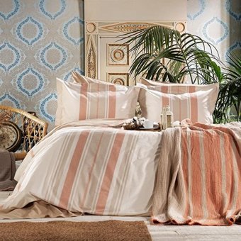 Zebra Pamuk Dört Mevsim 200 x 220 cm Şeritli Çift Kişilik Nevresim Takımı Bej Kiremit