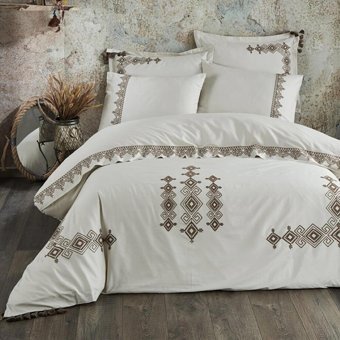 Ecocotton Pamuk Saten Dört Mevsim 240 x 220 cm Etnik Çift Kişilik Nevresim Takımı Krem