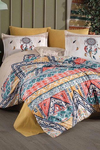 Clasy Ranforce Dört Mevsim 200 x 220 cm Etnik Çift Kişilik Nevresim Takımı Bej