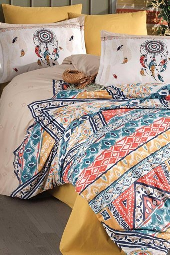 Clasy Ranforce Dört Mevsim 200 x 220 cm Etnik Çift Kişilik Nevresim Takımı Bej