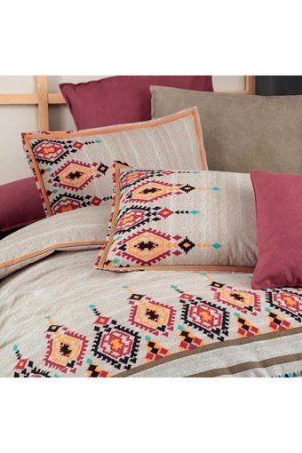 Sarev Pamuk Flanel Kışlık 200 x 220 cm Etnik Çift Kişilik Nevresim Takımı Bej