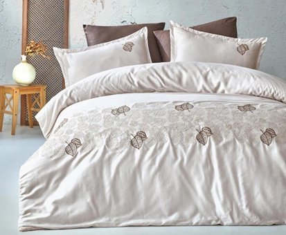 Clasy Saten Dört Mevsim 200 x 220 cm Yaprak Çift Kişilik Nevresim Takımı Kahverengi