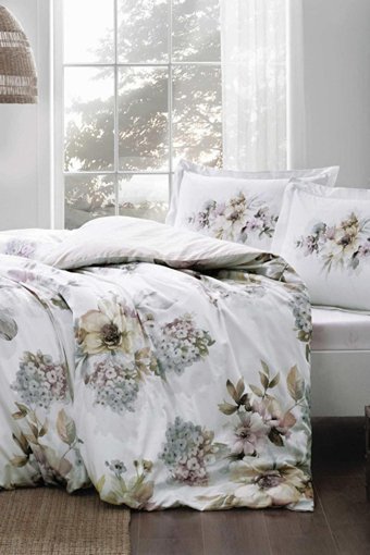 Taç Saten Kışlık 200 x 220 cm Çiçekli Çift Kişilik Nevresim Takımı Bej