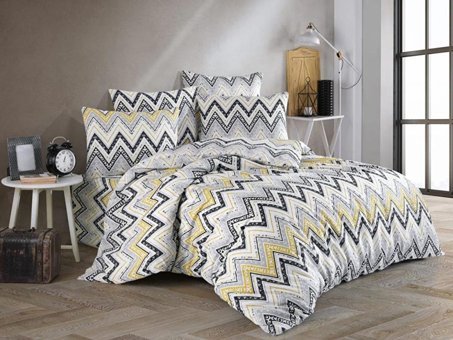 Çeyiz Diyarı Ranforce Dört Mevsim 195 x 220 cm Zikzak Çift Kişilik Nevresim Takımı Sarı Siyah