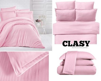 Clasy Saten Dört Mevsim 200 x 220 cm Çizgili Çift Kişilik Nevresim Takımı Pudra