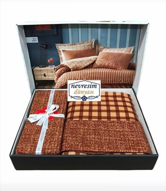 Nevresim Dünyası Ranforce Dört Mevsim 200 x 220 cm Ekoseli Çift Kişilik Nevresim Takımı Kahverengi