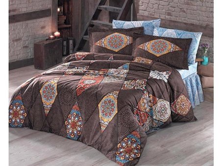 Clasy Pamuk Saten Dört Mevsim 200 x 220 cm Etnik Çift Kişilik Nevresim Takımı Kahverengi
