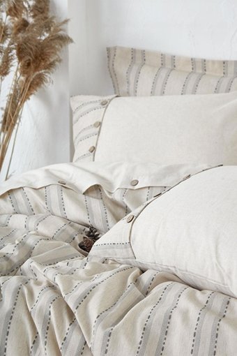 Ecocotton Keten Dört Mevsim 200 x 220 cm Şeritli Çift Kişilik Nevresim Takımı Antrasit
