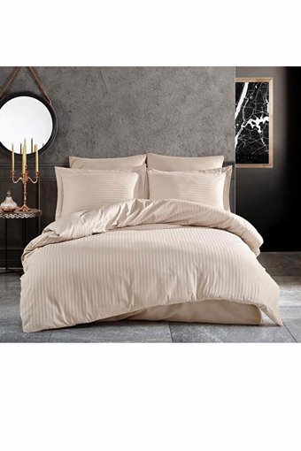 Mira Home Saten Dört Mevsim 190 x 220 cm Çizgili Çift Kişilik Nevresim Takımı Bej