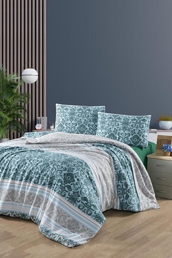 Mulberry Pamuk Kışlık 200 x 220 cm Şal Desen Çift Kişilik Nevresim Takımı Gri Mavi