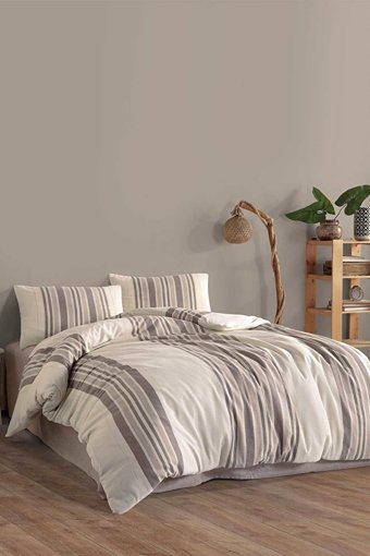 Elart Pamuk Dört Mevsim 200 x 220 cm Çizgili Çift Kişilik Nevresim Takımı Vizon